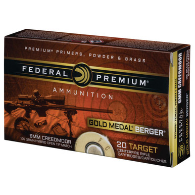 Federal Premium Gold Medal 6mm Creedmoor 105 gr Berger Hybrid Open Tip Match 20 Per Box