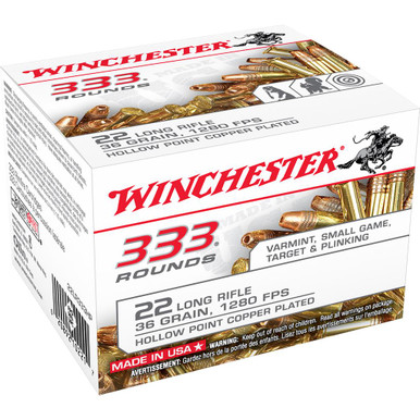 Winchester Ammo 22LR333HP USA 22 LR 36 gr Copper Plated Hollow Point (CPHP) 333 Can/ 10 Cs